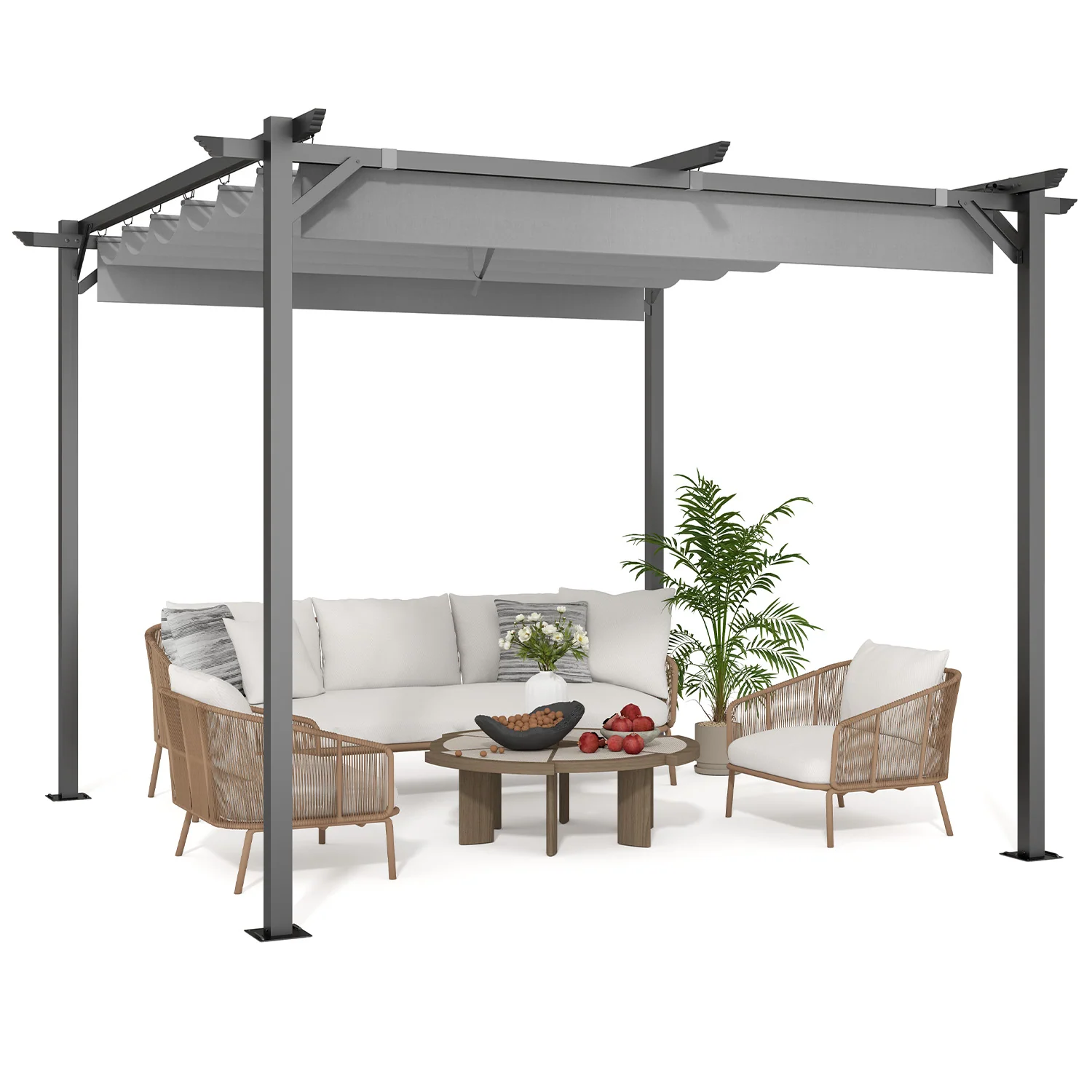Retractable-canopy metal pergola set over an outdoor patio