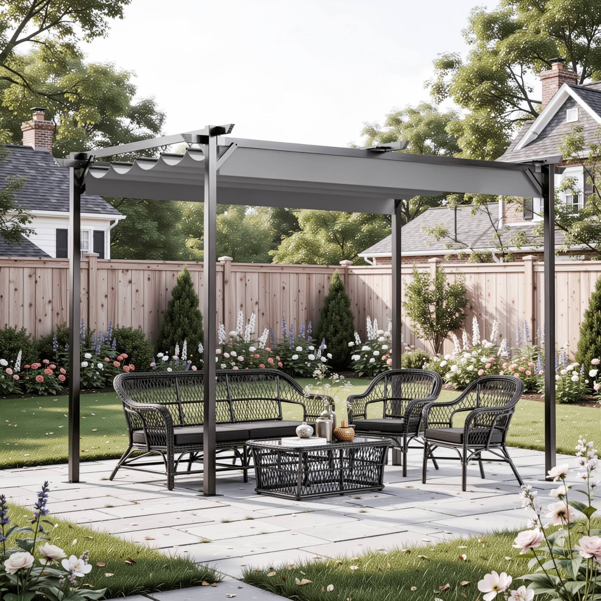 Retractable roof pergola shelter in a patio setting