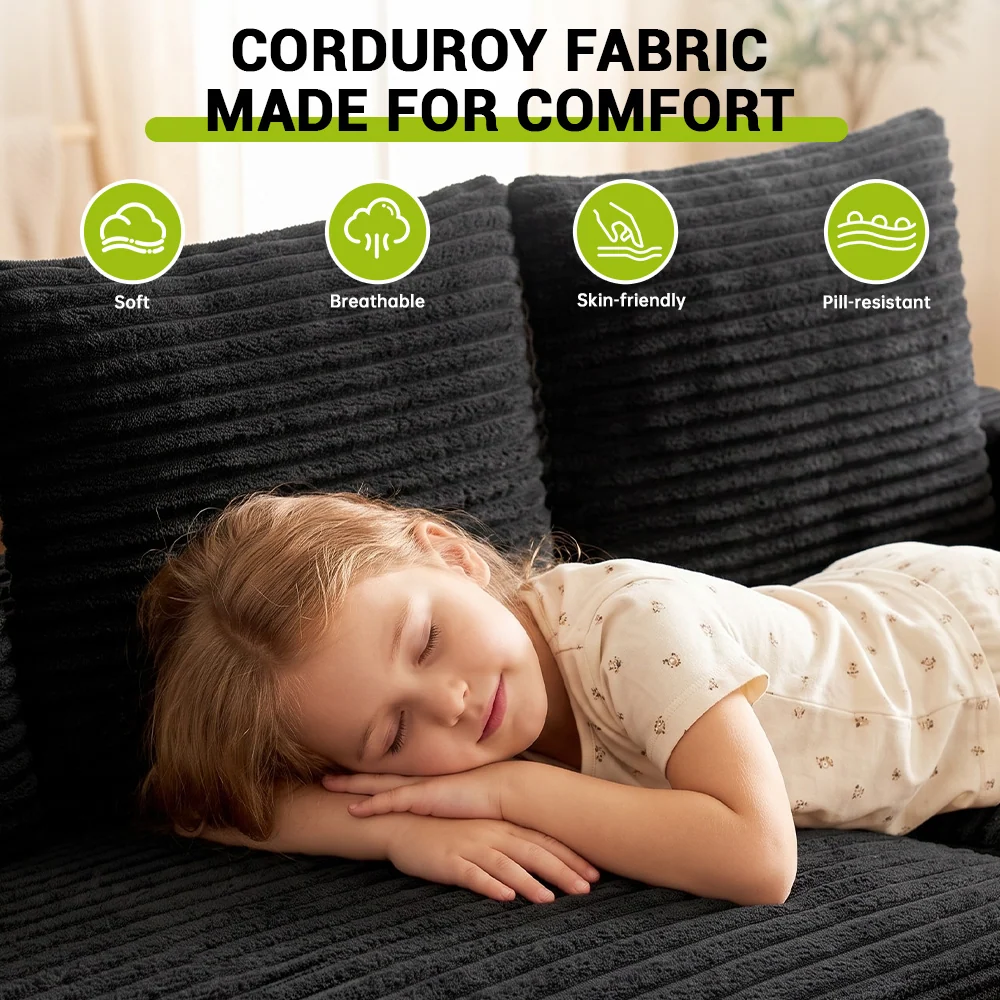 Close view of the corduroy upholstery and sofa cushions