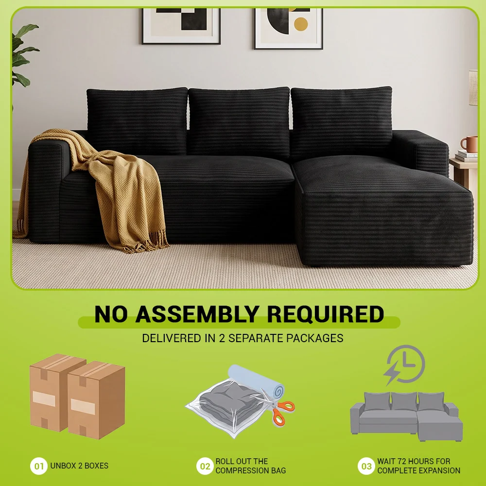 Corduroy sofa shown in a living room with cushions and a throw