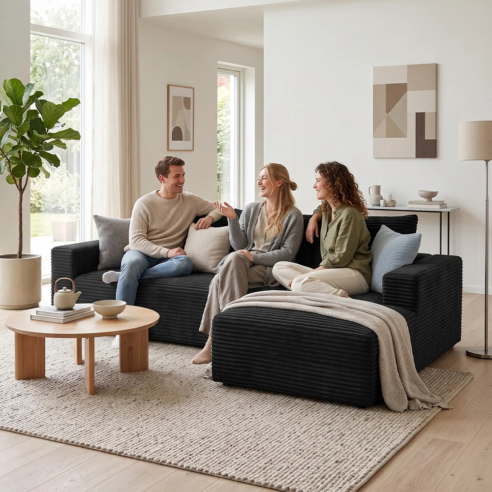 L-shaped sofa shown in a bright living room with a seated person