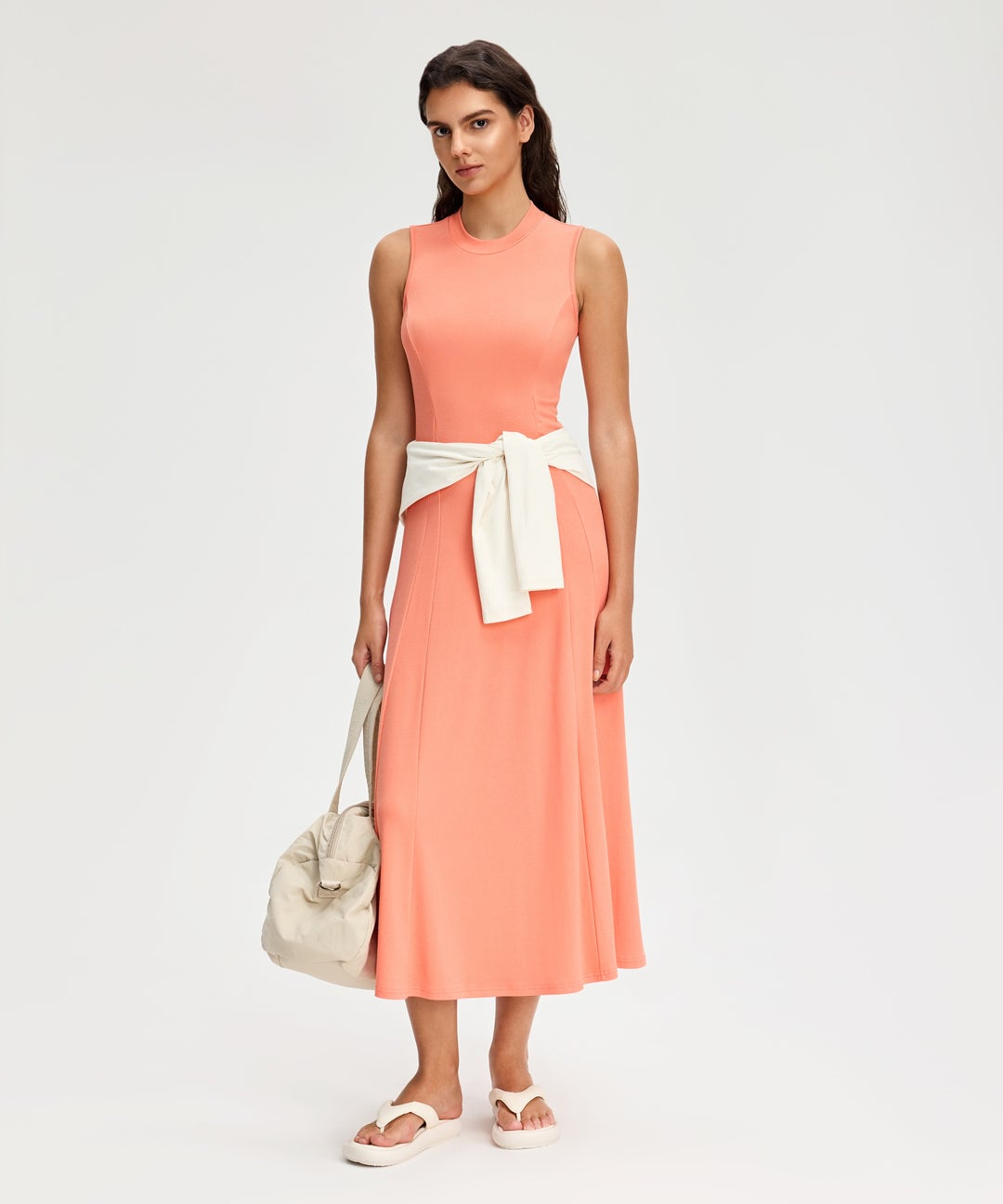 Ribbed Modal A-Line Dress in red coral