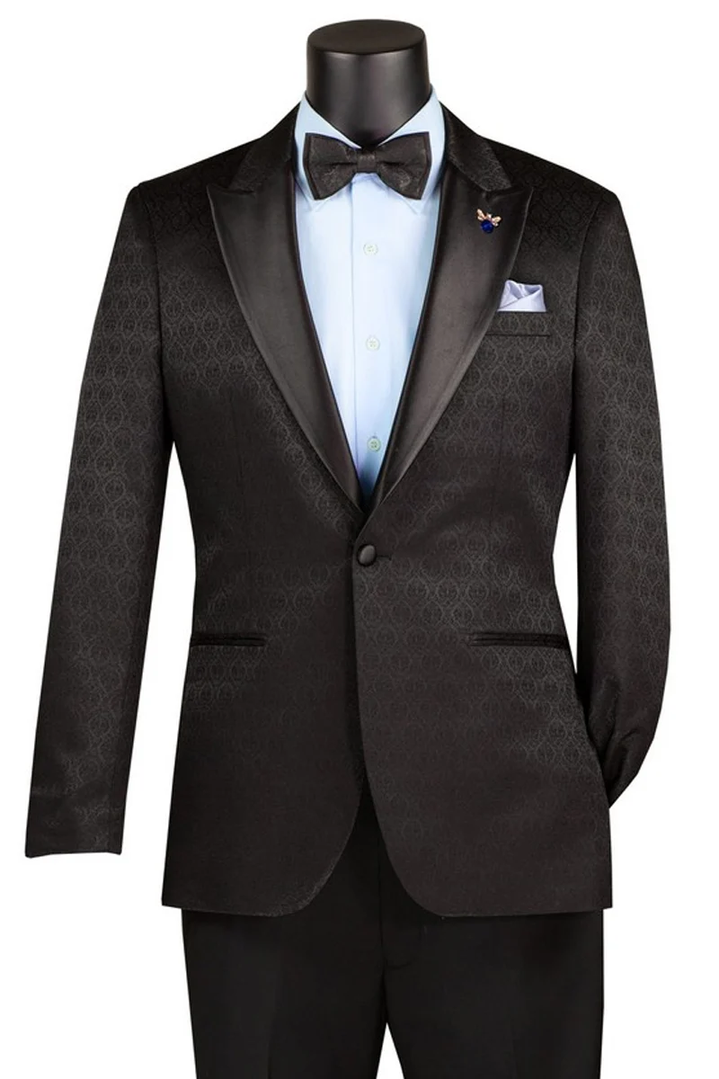 Black paisley jacquard tuxedo jacket with satin lapel