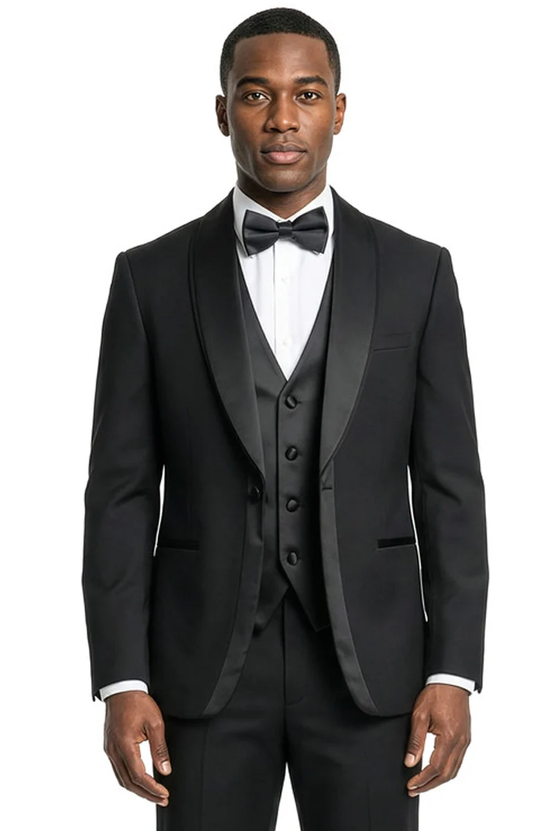 Black slim fit shawl lapel tuxedo with matching vest