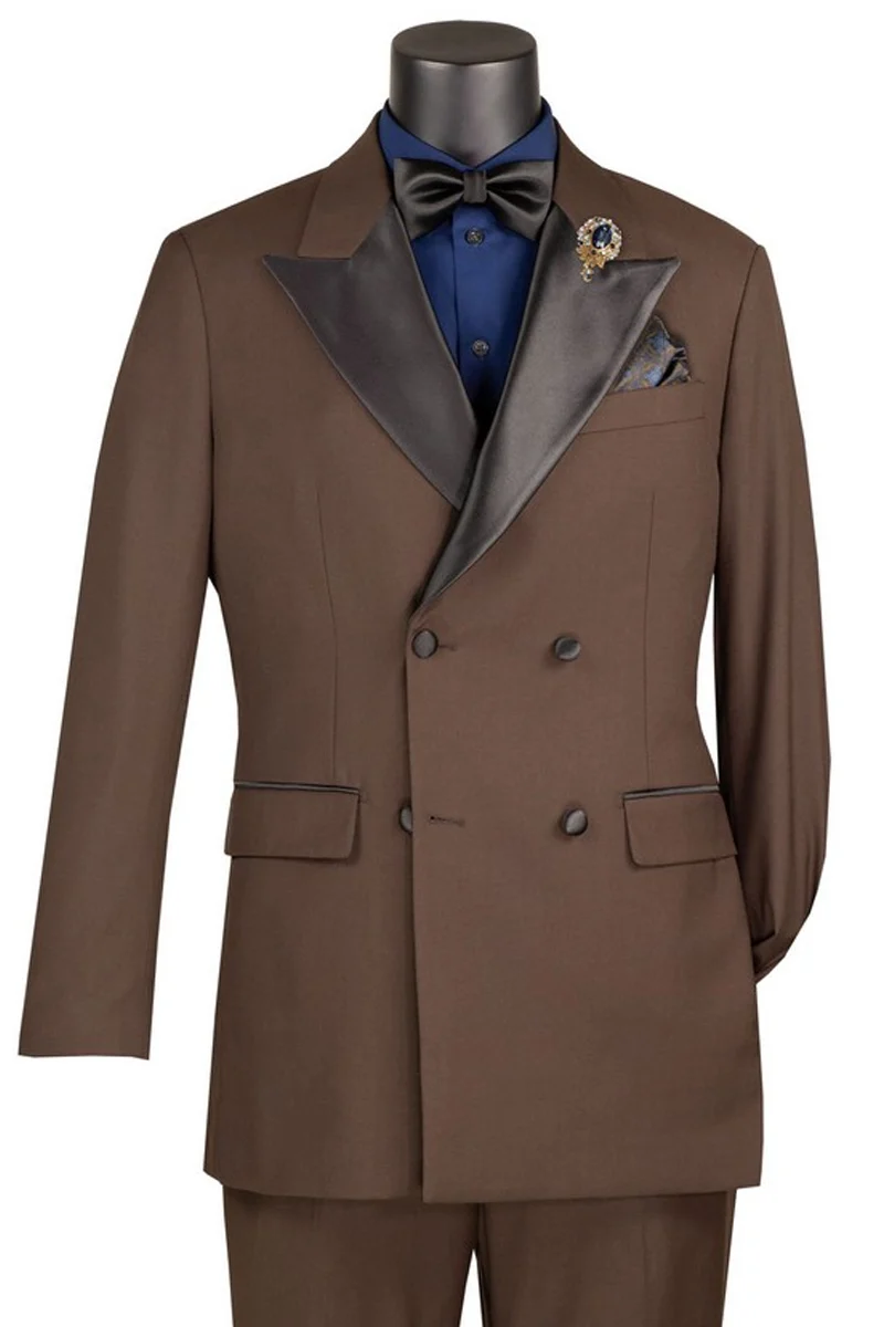 Brown double breasted tuxedo with satin lapel