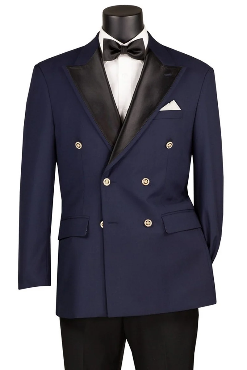 Navy double-breasted tuxedo blazer with metal buttons
