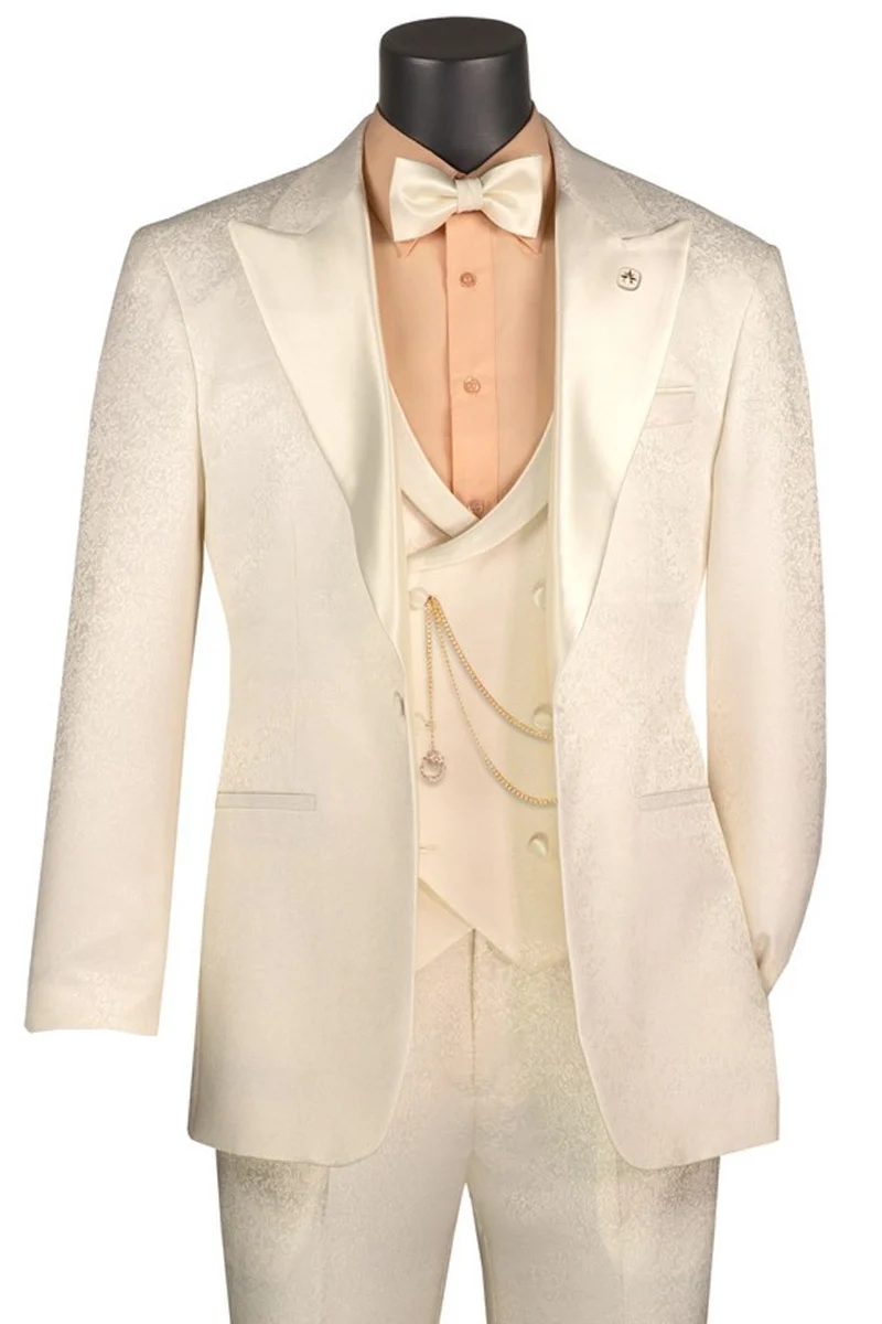 Ivory paisley tuxedo with satin scoop vest