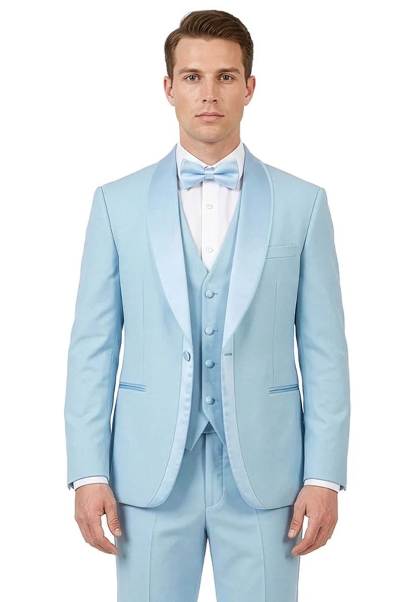Sky blue vested tuxedo with satin lapel