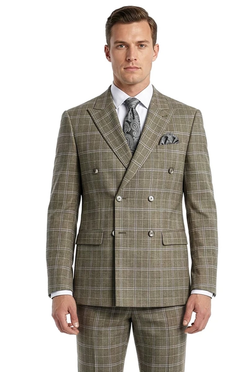 Taupe double-breasted suit with a windowpane pattern
