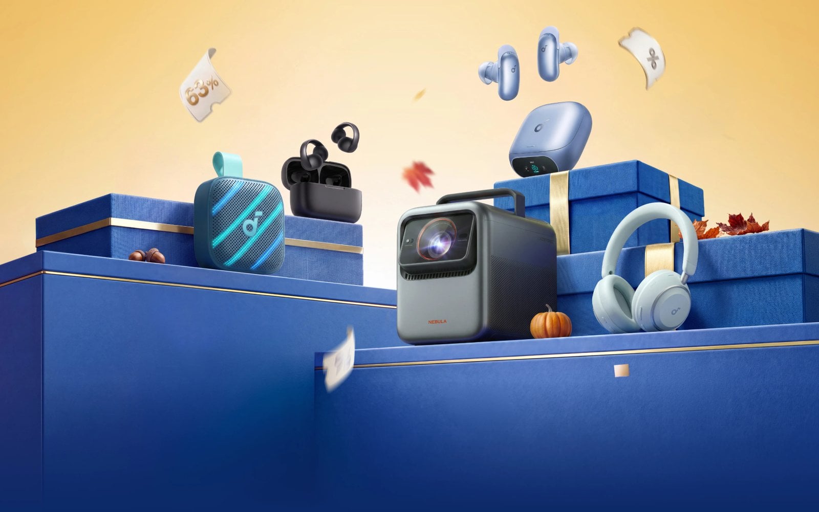 soundcore Produktdisplay mit Kopfhörern und Zubehör