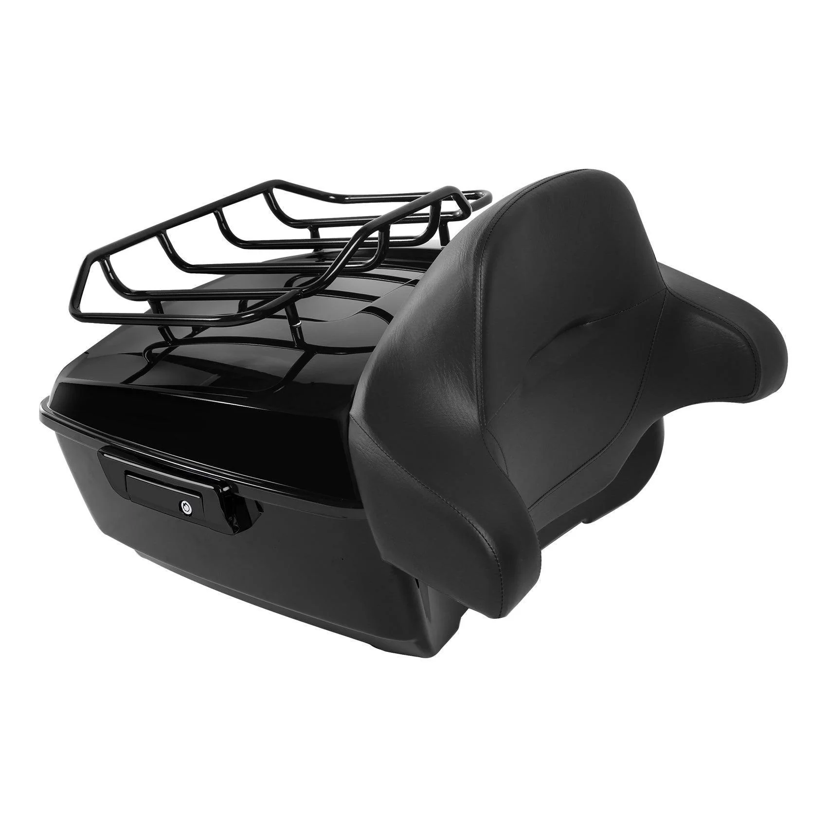 Black king touring trunk with backrest pad and luggage rack