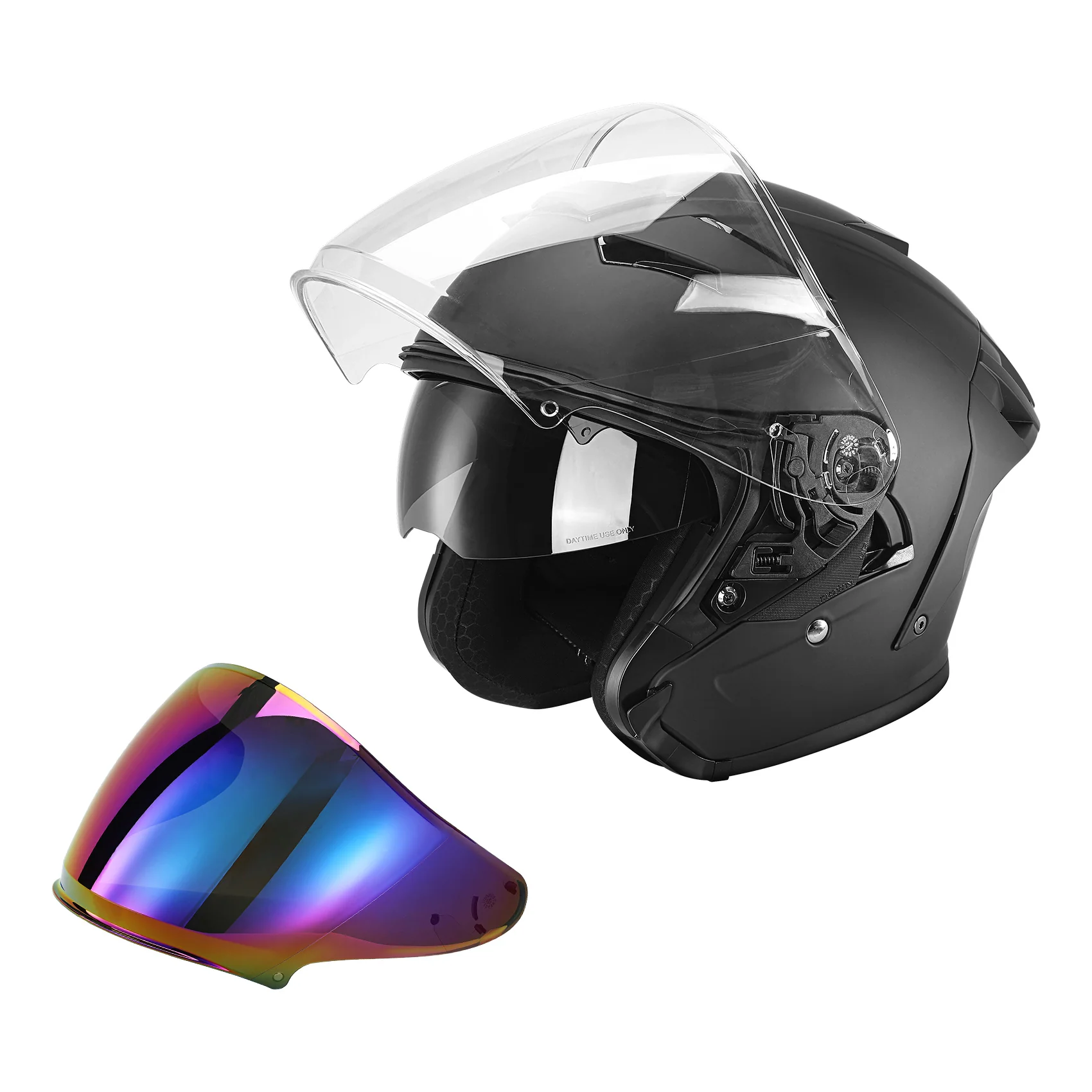 Open face motorcycle helmet with dual visor
