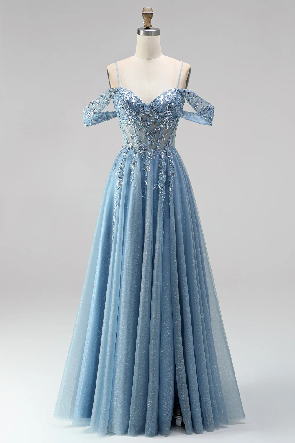 Dusty blue cold-shoulder A-line prom dress with sheer sequins