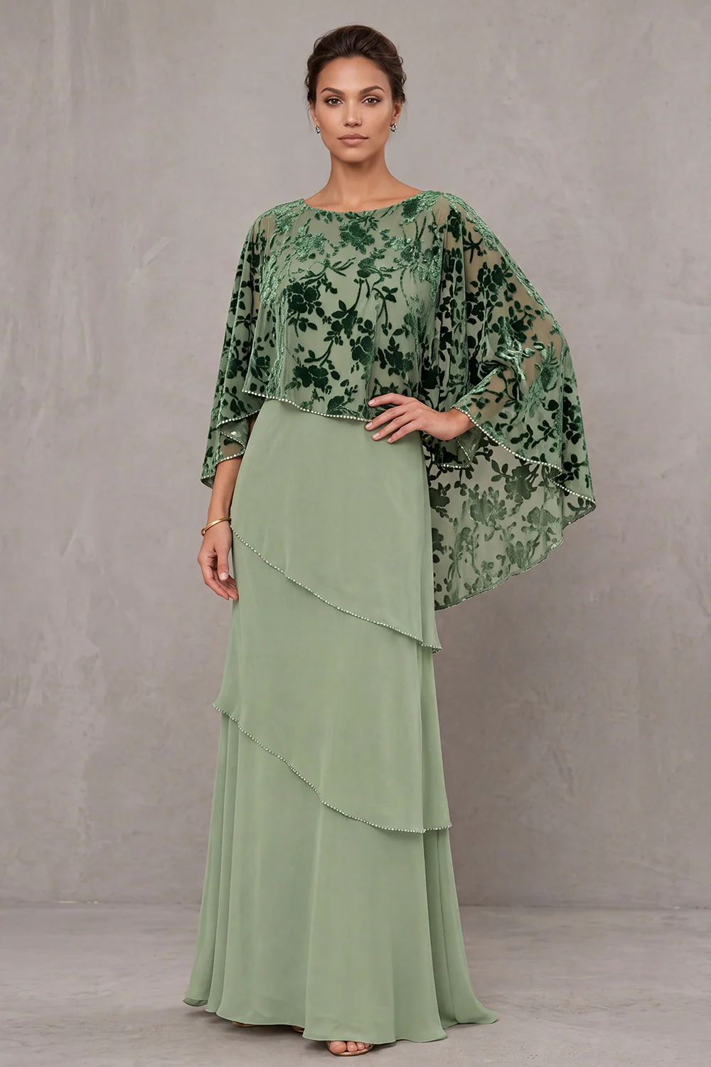 Dusty sage sheath mother of the bride dress with velvet cape