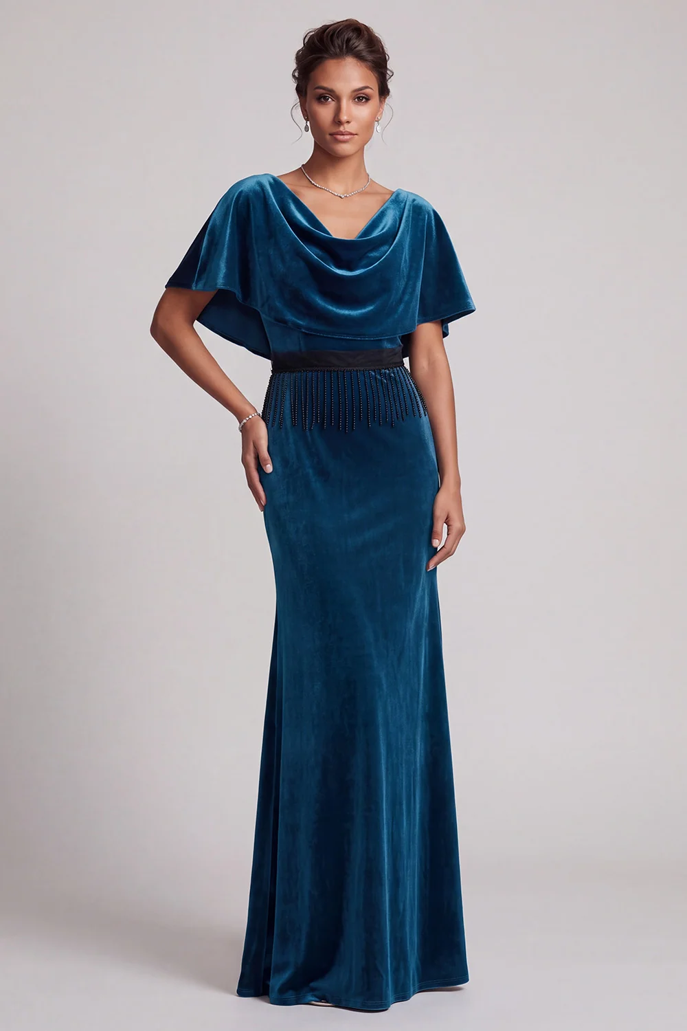 Peacock blue velvet sheath mother of the bride dress with cowl neck