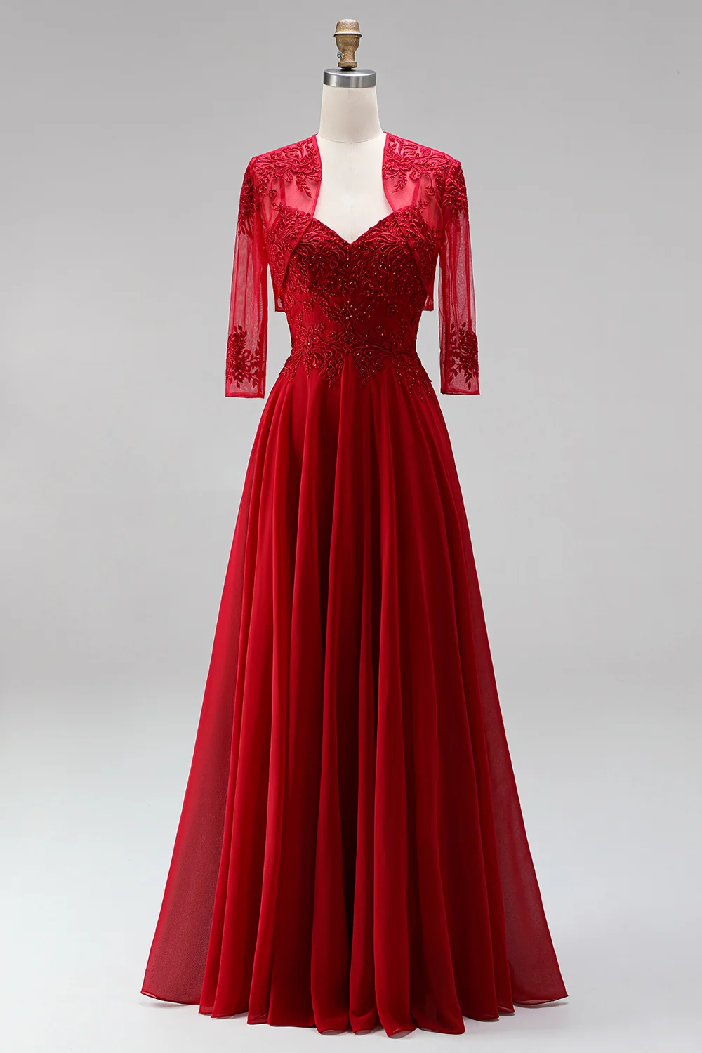 Red chiffon A-line prom dress with beaded embroidery and bolero jacket